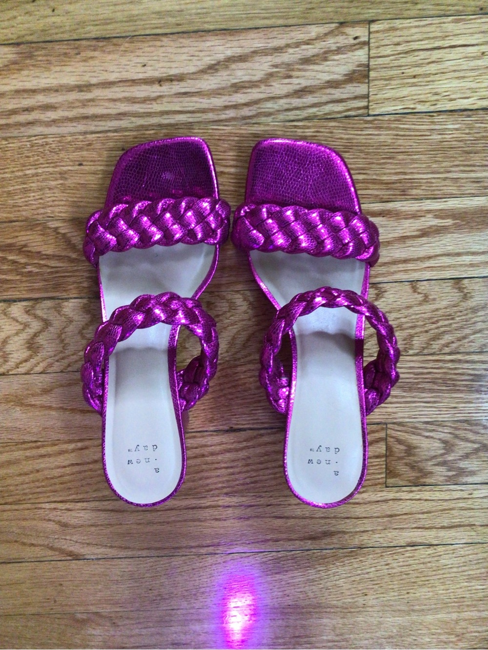 a new day Metallic Barbie Pink Braided Double-Strap Slide Heels Sz 8 Never Worn